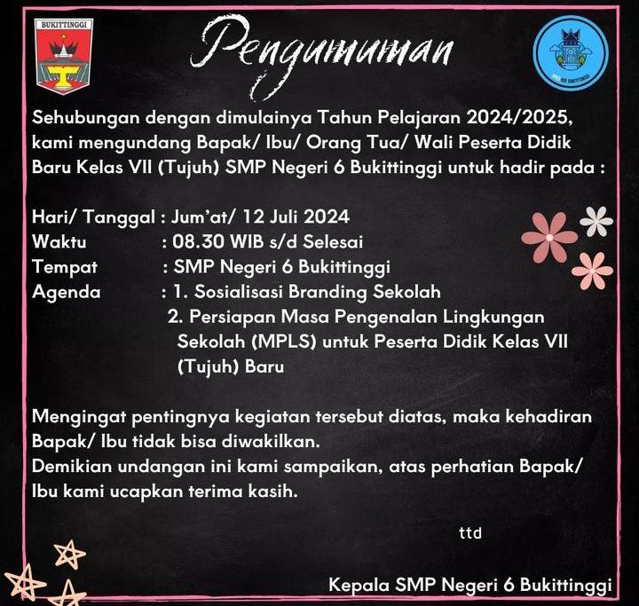 Info Peserta Didik Baru Kelas VII SMP Negeri 6 Bukittinggi